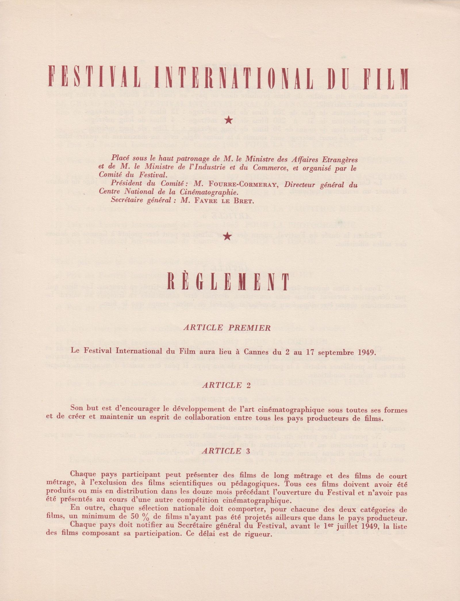 1949 Rules And Regulations - Festival De Cannes