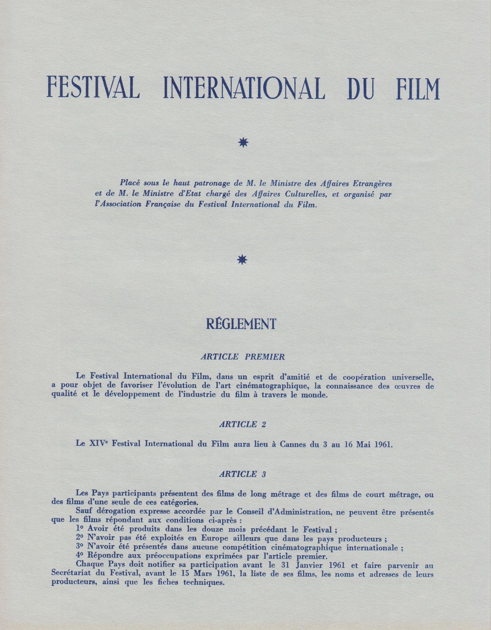1961 Rules and regulations - Festival de Cannes