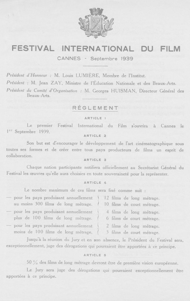 Extract from the Regulations of the 1939 International Cannes Film Festival © FDC