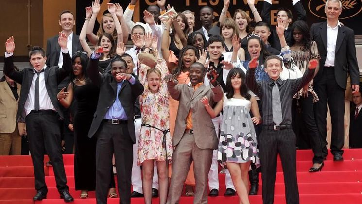 Francois Begaudeau, Laurent Cantet and the pupils, Photocall of the film The Class © AFP