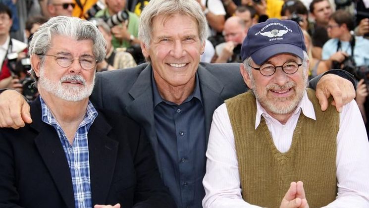 George Lucas, Harrison Ford and Steven Spielberg, Photocall of the film Indiana Jones © AFP