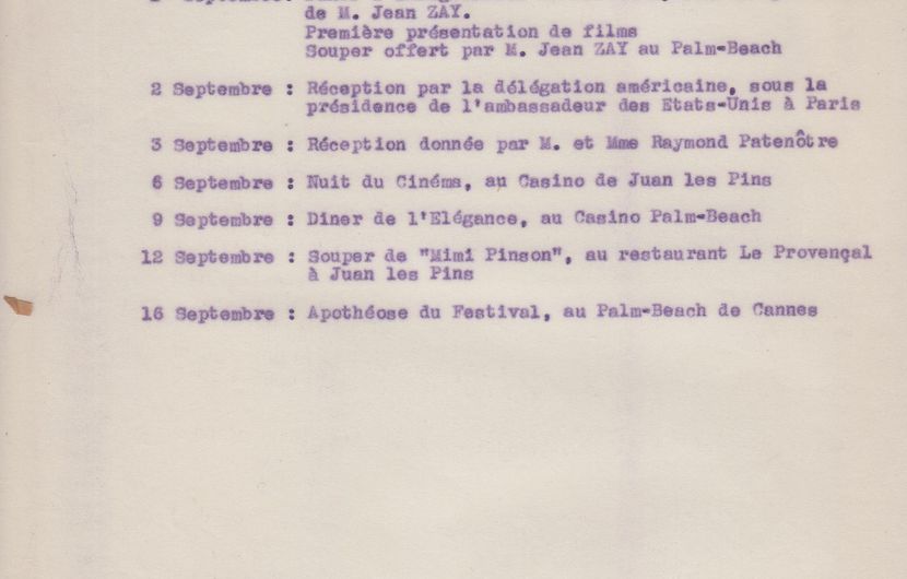 List of events scheduled for the 1939 Festival de Cannes © FDC