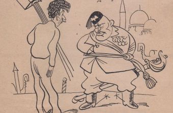 Caricature représentant un Mussolini revendiquant le territoire Cannois pour l’Italie, comme il revendique à l’époque Nice, la Corse et la Tunisie comme territoires Italiens. Dessin réalisé par Chancel paru dans Cinémonde, 23 août 1939