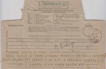 Télégramme de Louis Lumière acceptant la Présidence d’honneur du Festival, le 2 juin 1939