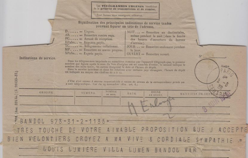 Télégramme de Louis Lumière acceptant la Présidence d’honneur du Festival, le 2 juin 1939 © FDC