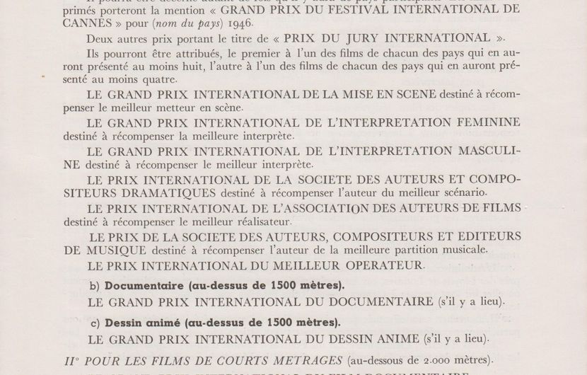Extraits du Règlement du Festival International du Film de Cannes 1946 © FDC