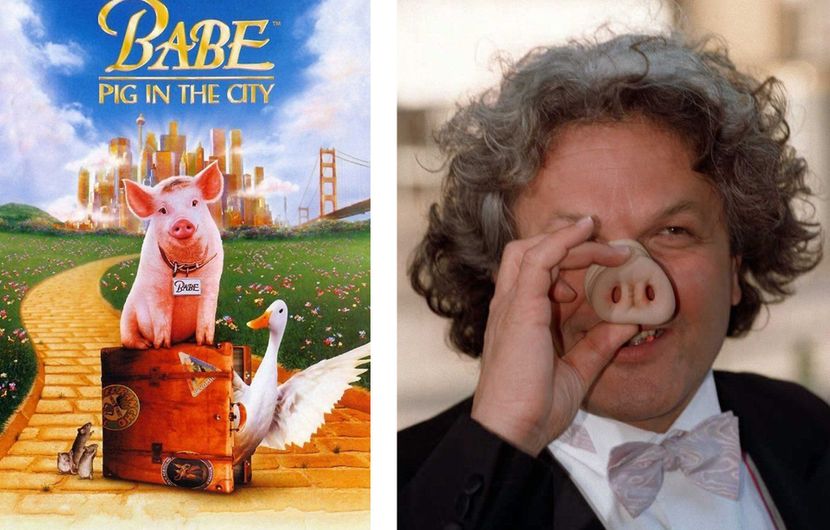 Poster of Babe: Pig in the City by George Miller in 1998 and George Miller at the 68th Los Angeles Academy Awards in 1996 (he produced the first Babe) © Photo by Kim Kulish / AFP