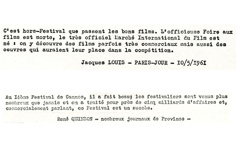 Extraits d’articles de presse évoquant l’essor du Marché International du Film, mai 1961