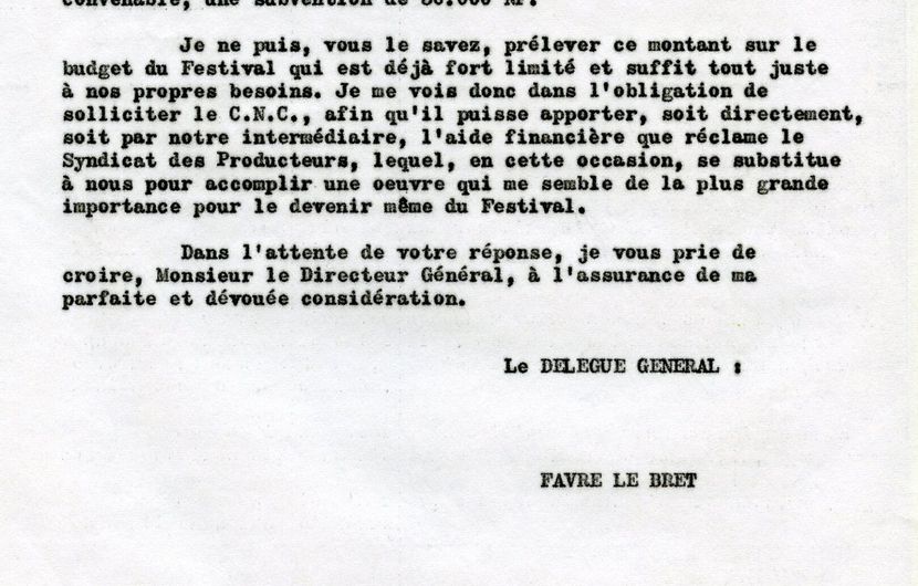 Correspondances Robert Favre Le Bret et Chambre Syndicale de la Production Cinématographique Français, 1961 - Page 2/5 © FDC