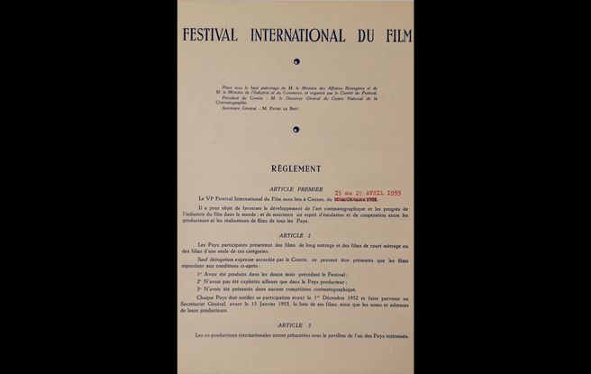Article premier du Règlement du Festival International du Film, 1953 © FDC