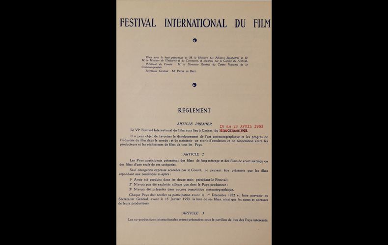 Article premier du Règlement du Festival International du Film, 1953
