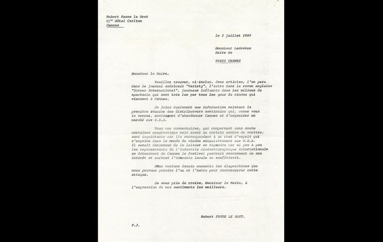 Correspondance de Robert Favre Le Bret au Maire de Cannes évoquant les critiques et la menace de boycott des américains, juillet 1980