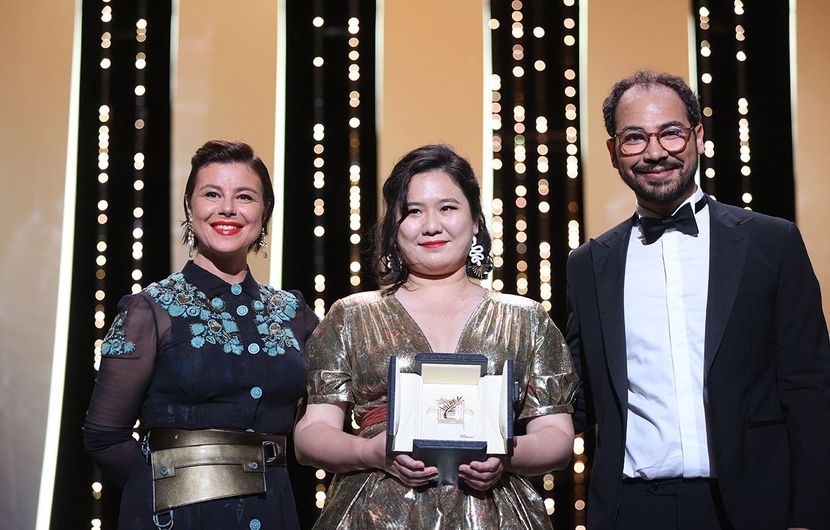 Mounia Meddour, Sameh Alaa and Tang Yi - Tian Xia Wu Ya (All the Crows in the World), Palme d’or short film © Valery Hache / AFP